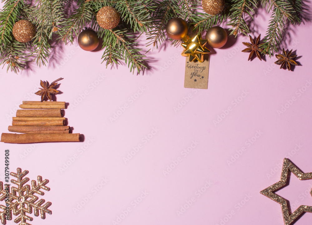 Fototapeta premium Christmas decorations on pink background. Branches ate cinnamon, star and snowflake New year and Christmas.