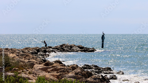 Typical coast of Sanibel Island, water, stones, fisherman and pelican © captiva