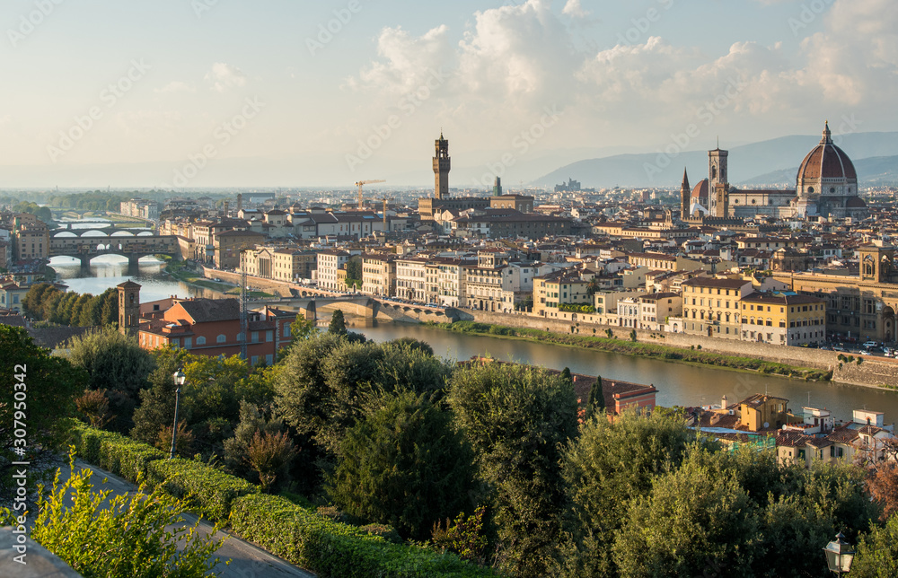Panoramic Skyline of the historical city of Florence in Italy from Michelangelo piazza.