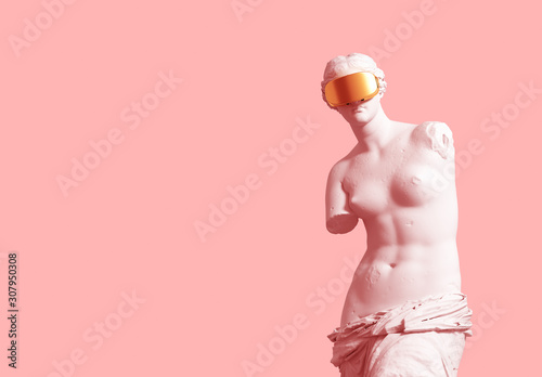 3D Model Aphrodite With Golden VR Glasses Over Pink Background. photo
