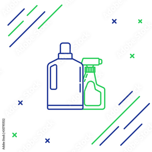 Blue and green line Plastic bottles for liquid laundry detergent, bleach, dishwashing liquid or another cleaning agent icon isolated on white background. Colorful outline concept. Vector Illustration