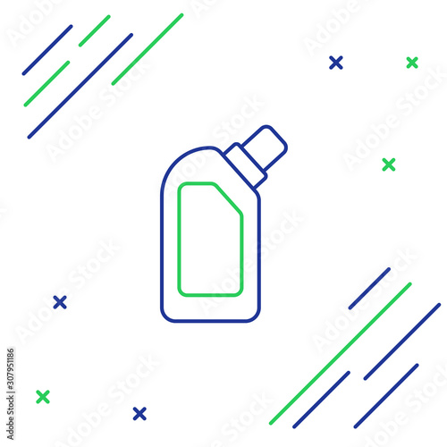 Blue and green line Plastic bottle for liquid laundry detergent, bleach, dishwashing liquid or another cleaning agent icon isolated on white background. Colorful outline concept. Vector Illustration