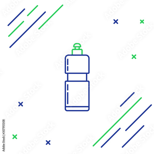 Blue and green line Plastic bottle for liquid laundry detergent, bleach, dishwashing liquid or another cleaning agent icon isolated on white background. Colorful outline concept. Vector Illustration