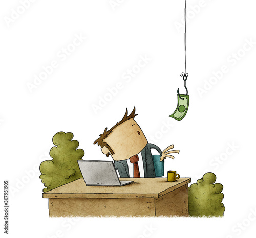 Businessman at his desk looks surprised at a dollar bill on a hook that hangs from the ceiling. isolated photo