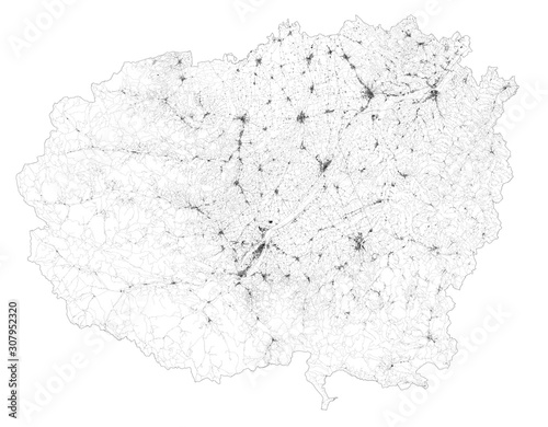 Satellite map of province of Cuneo, towns and roads, buildings and connecting roads of surrounding areas. Piedmont, Italy. Map roads, ring roads