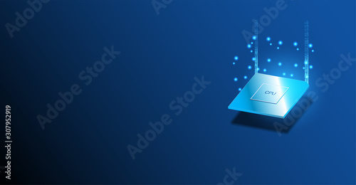 Quantum computer, large data processing, database concept.CPU isometric banner. Central Computer Processors CPU concept.Digital chip Futuristic microchip processor with lights on the blue background.
