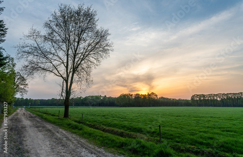 Sunset over the forests of the Veluwe near Loenen with fields on foreground being crossed by museum railway line of VSM