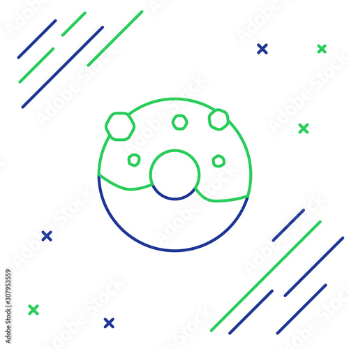 Blue and green line Donut with sweet glaze icon isolated on white background. Colorful outline concept. Vector Illustration