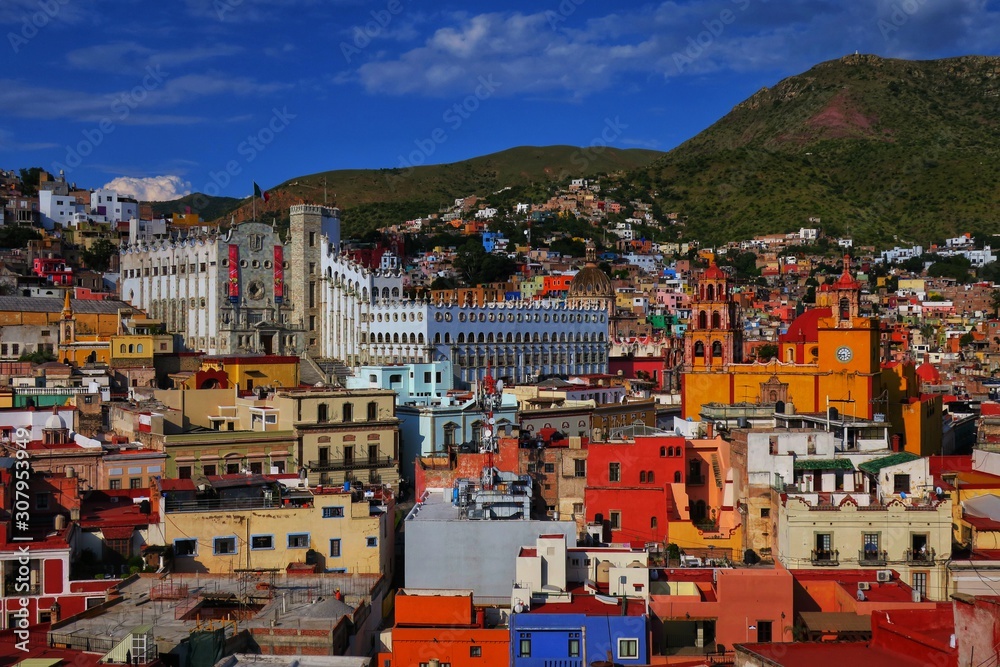 Panoramic view over the astonishing colourful city Guanajuato in Mexico
