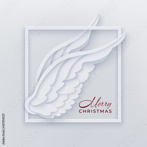 Merry Christmas paper cut card with white angel wings