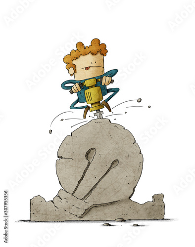 Man sculpts a large stone with a machine, giving it the shape of a light bulb...