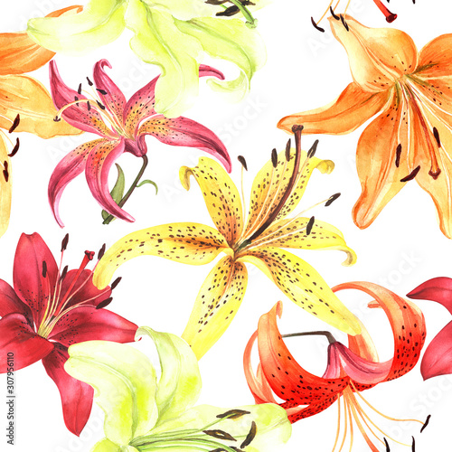 Seamless floral pattern  red yellow orange pink lilies on an isolated white background  watercolor painting  stock illustration. Fabric wallpaper print texture.