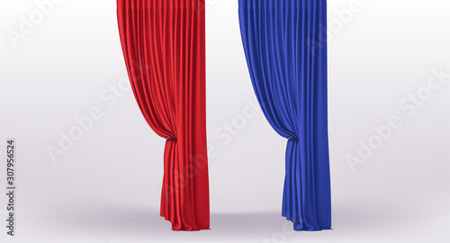 Background with collection of luxury red and blue curtains with holder and draperies