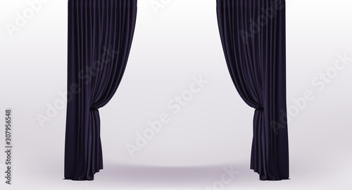 Background with luxury black curtains with holder and draperies