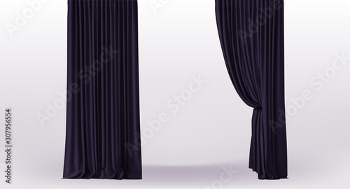 Background with straight luxury black curtains and with holder and draperies