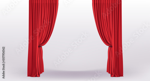 Background with straight luxury red curtains and with holder and draperies