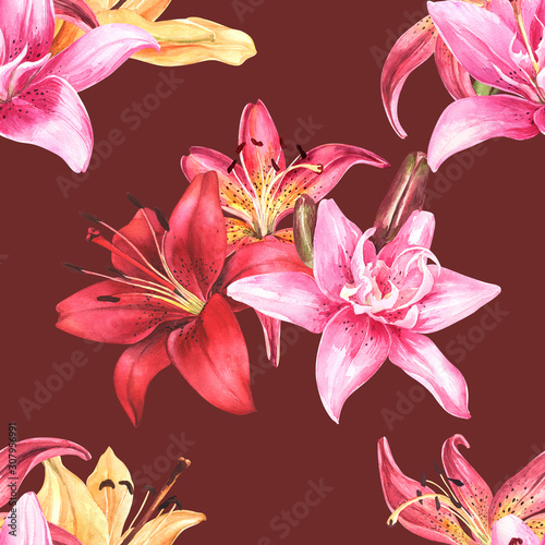 Seamless floral pattern, red orange pink lilies, watercolor painting, stock illustration. Fabric wallpaper print texture.