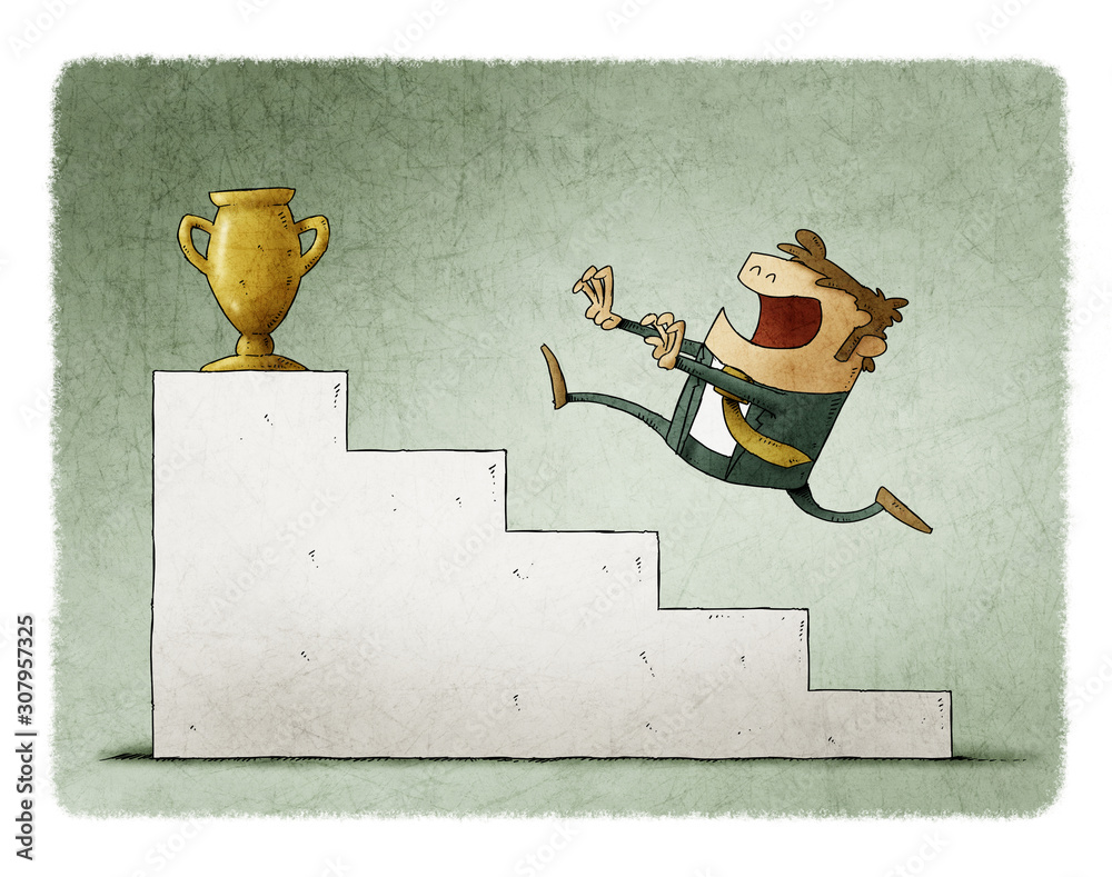 Fototapeta Businessman runs up some stairs to reach a golden trophy.