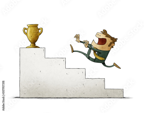 Businessman runs up some stairs to reach a golden trophy. isolated