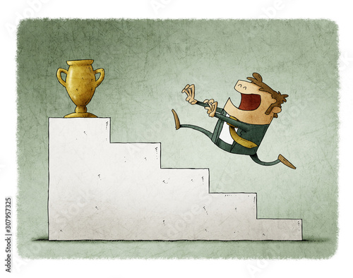 Businessman runs up some stairs to reach a golden trophy.