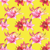 Seamless floral pattern, red orange pink lilies on yellow background, watercolor painting, stock illustration. Fabric wallpaper print texture.