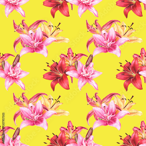 Seamless floral pattern, red orange pink lilies on yellow background, watercolor painting, stock illustration. Fabric wallpaper print texture. © Maya