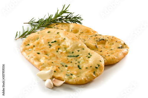 Canvas Print Flatbread with garlic and rosemary on white background