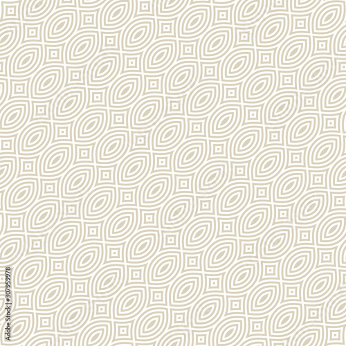 Diagonal golden mesh seamless pattern. Subtle vector abstract geometric ornament texture with thin curved lines, delicate mesh, net, grid, lattice, lace. White and beige background. Repeat design