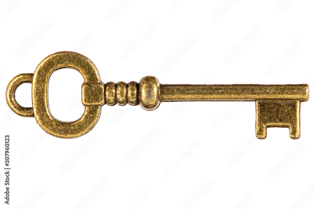 Bronze key, decorative element for design, isolated on white background