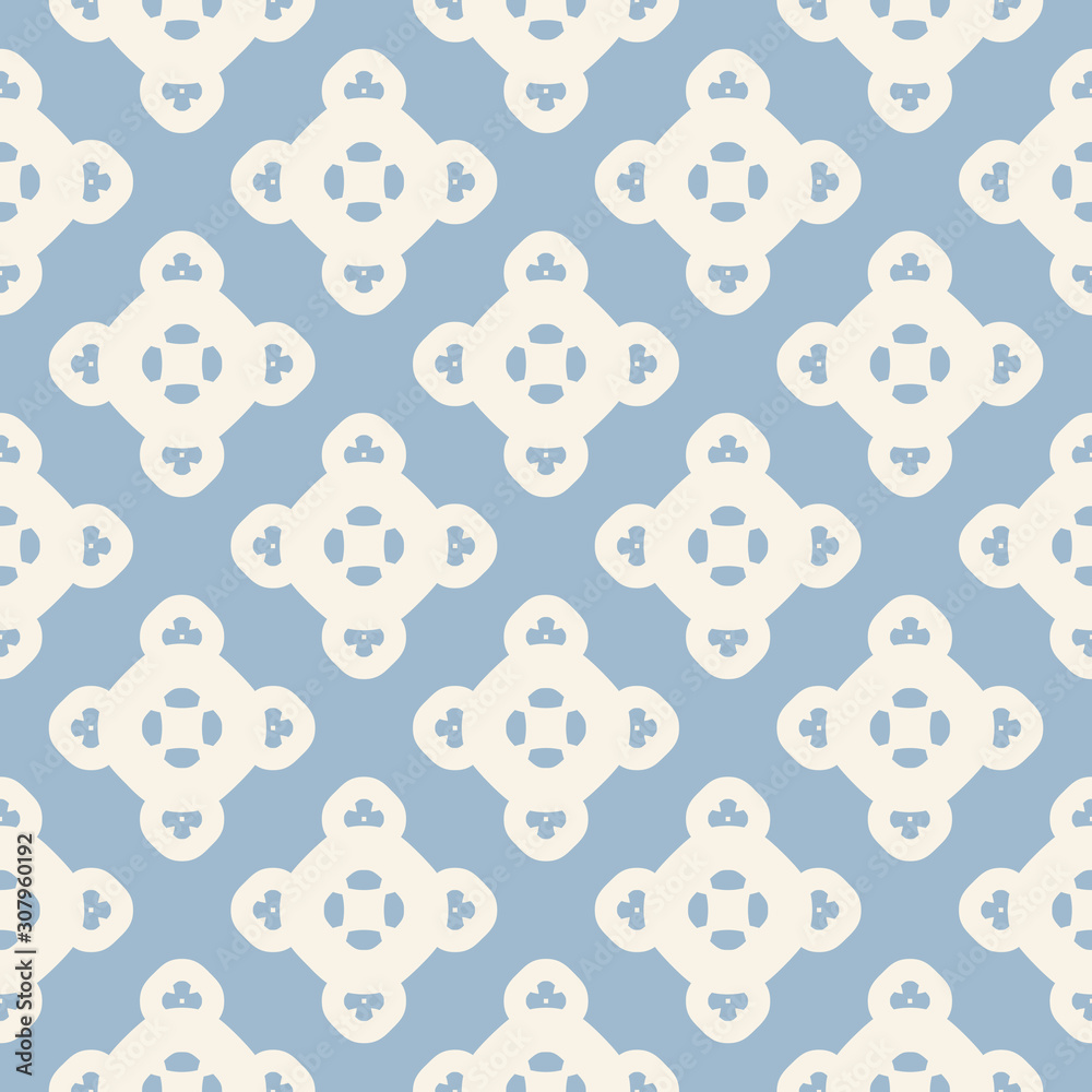 Vector ornamental seamless pattern. Elegant geometric background with rounded flower figures, repeat tiles. Ornament texture in retro vintage colors, soft blue and beige. Repeat decorative design Vector ornamental seamless pattern. Elegant geometric background with rounded flower figures, repeat tiles. Ornament texture in retro vintage colors, soft blue and beige. Repeat decorative design