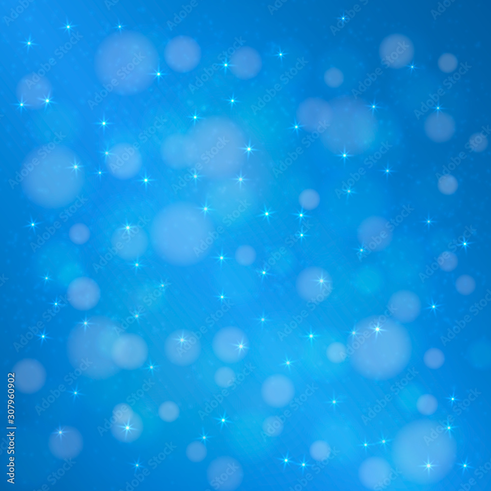 Christmas light blue bokeh effect abstract background. Blurred backdrop with glowing defocused lights. Easy to edit template for your holidays designs.