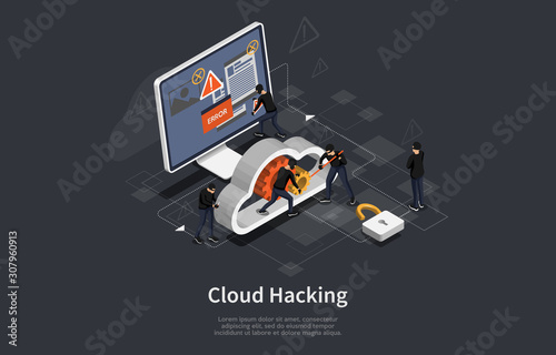 Isometric hacker activity concept. Infographic template with cloud computer servers hacking cyber thief online. Vector illustration