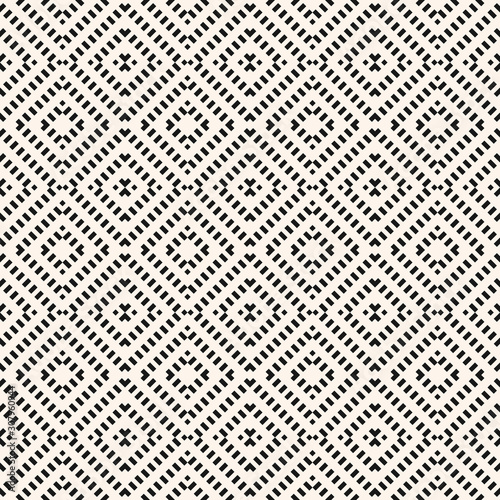 Vector geometric seamless pattern. Black and white abstract graphic background with diagonal lines, squares, small rhombuses. Repeat monochrome ethnic texture. Design for decor, textile, furniture