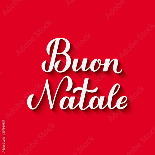 Buon Natale calligraphy hand lettering with shadow on red background. Merry Christmas typography poster in Italian. Easy to edit vector template for greeting card, banner, flyer, invitation, etc.