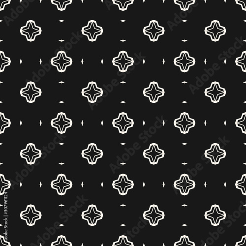 Vector minimalist floral seamless pattern. Simple minimal geometric texture. Black and white abstract graphic background. Monochrome ornament with small flowers, diamonds, stars. Dark repeat design
