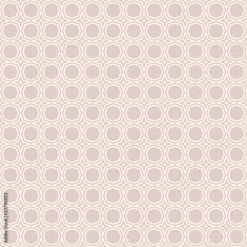 Subtle vector geometric seamless pattern with grid, lattice, lines, stars, diamonds, octagons, mesh. Delicate abstract background. Simple light pink and beige colored ornament texture. Minimal design