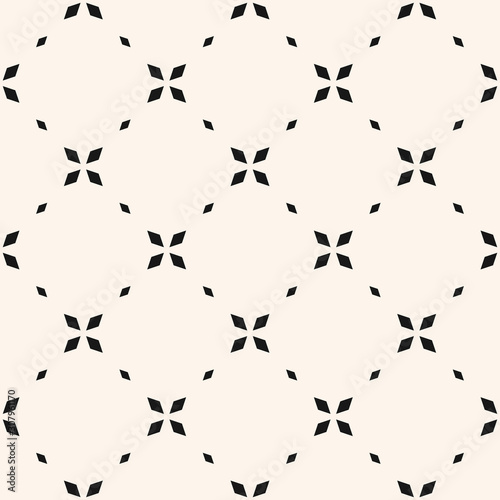 Minimalist floral seamless pattern. Simple vector black and white abstract geometric background with small flowers, crosses, tiny stars, grid. Subtle minimal monochrome ornament texture. Repeat design