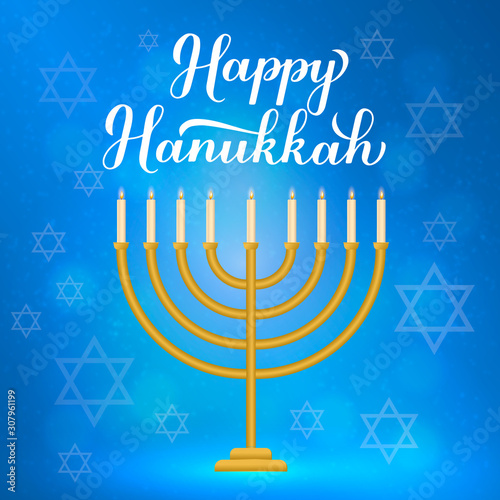 Happy Hanukkah calligraphy hand lettering and gold menorah candles on blue background. Jewish holiday Festival of Lights. Vector template for banner, poster, greeting card, invitation, flyer, postcard
