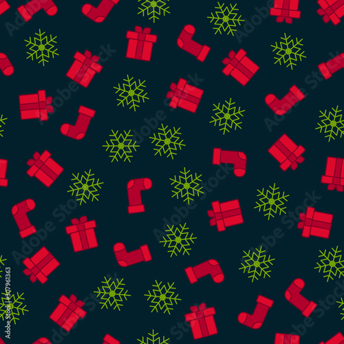 Christmas seamless pattern. Winter Holiday theme. Vector background with traditional symbols, gift boxes, Christmas socks, snowflakes. Cute modern endless texture. Repeat design for print, decor, wrap
