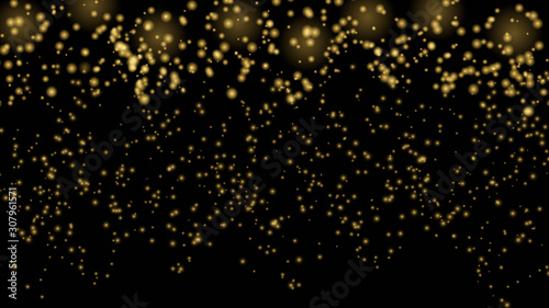 Golden glitter particles on black background. Lights flare abstract vector illustration. Explosion sparkle in space. Luxury backdrop for Christmas or New Year designs.