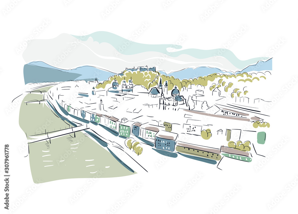 Fototapeta premium Salzburg Austria Europe vector sketch city illustration line art