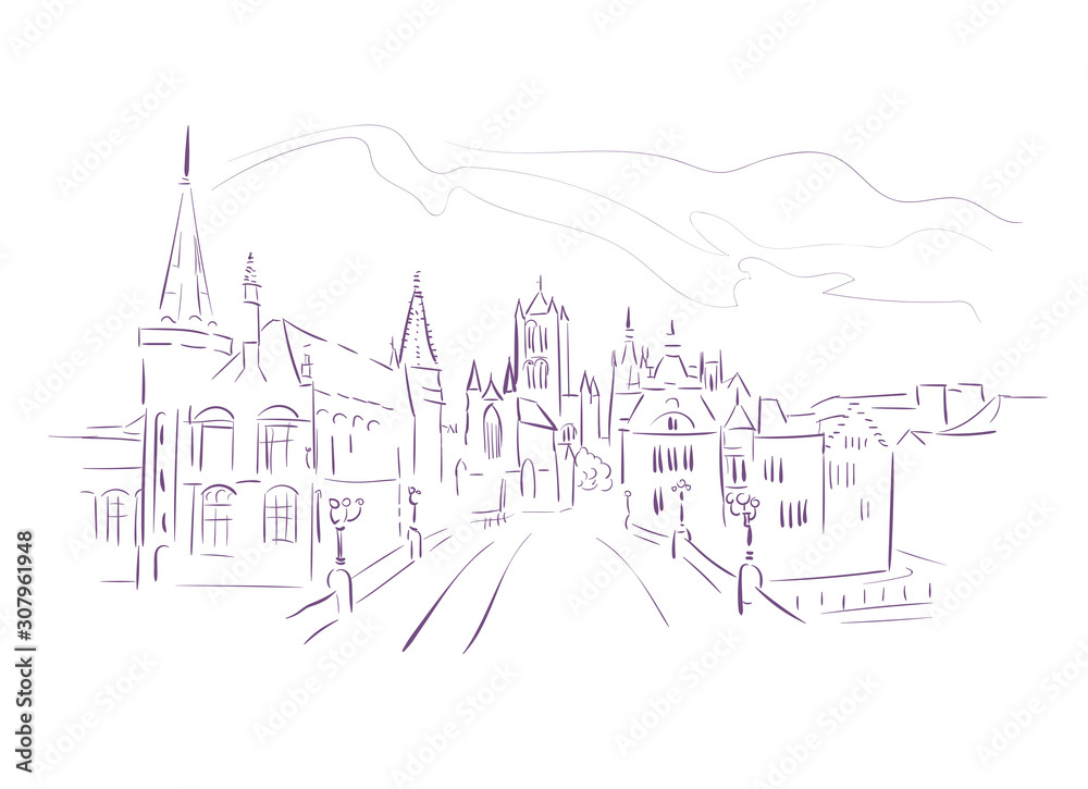 Naklejka premium Belgium Ghent Europe vector sketch city illustration line art