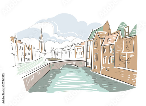 Belgium Bruges Europe vector sketch city illustration line art
