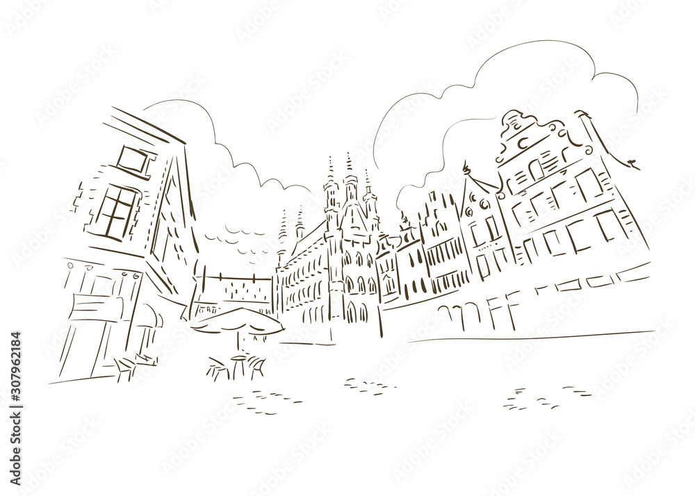 Leuven Belgium Europe vector sketch city illustration line art