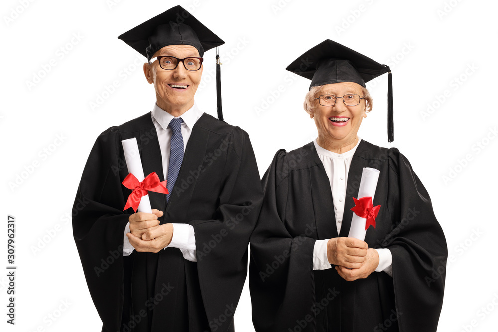 Elderly people in graduation gowns holding diplomas Elderly people in graduation gowns holding diplomas