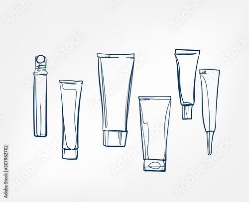 liquid tube cosmetics jars line art sketch outline isolated design element cosmetics vector