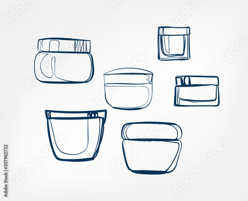 cream set cosmetics jars line art sketch outline isolated design element cosmetics vector