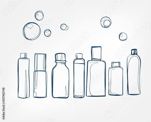 shampoo cosmetics jars line art sketch outline isolated design element cosmetics vector