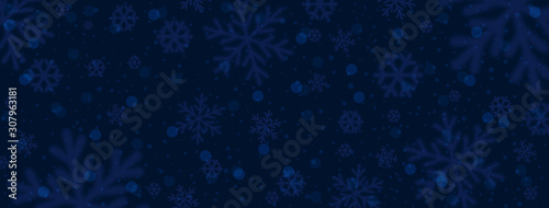 Dark blue christmas banner with blurred snowflakes. Merry Christmas and Happy New Year greeting banner. Horizontal new year background, headers, posters, cards, website. Vector illustration