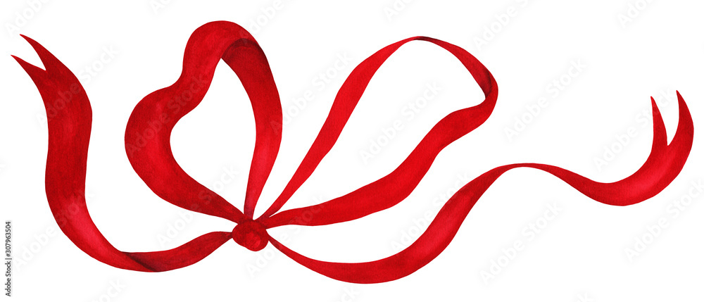 Obraz premium Bow with red ribbons hand drawn watercolor, isolated on white background. Imitation of satin ribbon. Perfect for making cards, wedding invitations prints, gift wrappers, stickers.